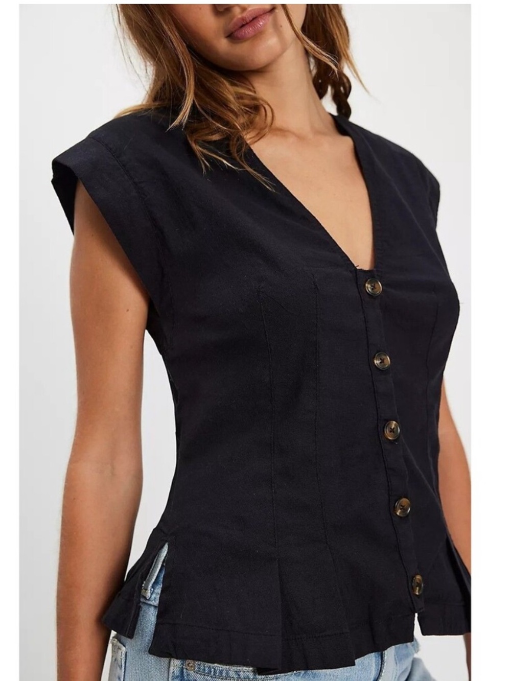 Free People Dylan Vest Blouse Top Shirt Buttondown Capped Sleeve Black Sz S - Picture 4 of 15
